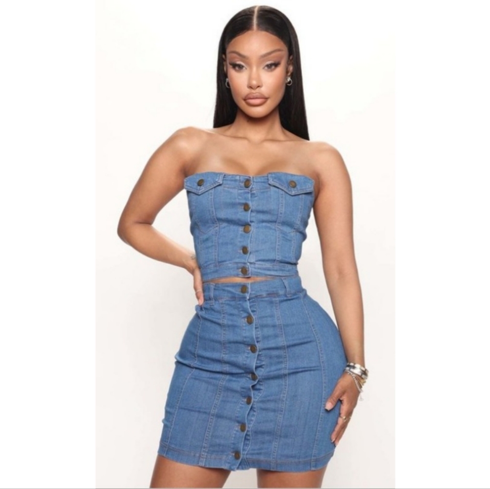 Denim Two Piece Top And Skirt